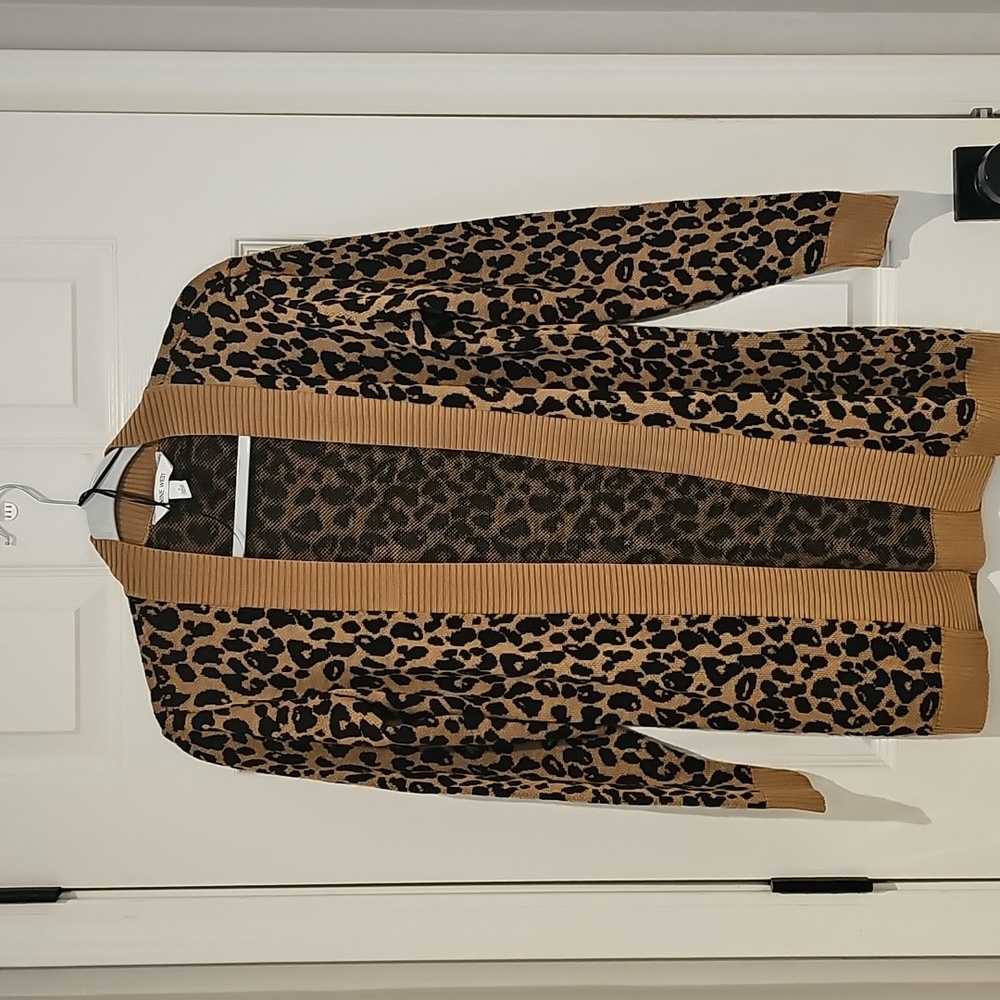 Leopard Print Cardigan with Tan Trim